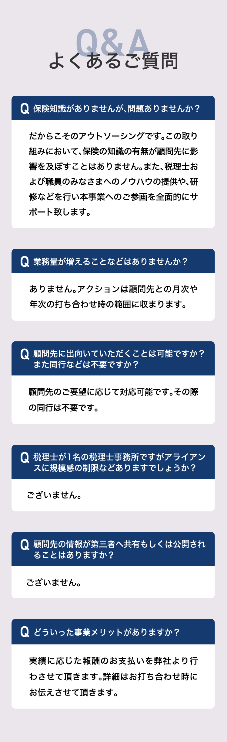 よくあるご質問。保険知識がありませんが、問題ありませんか？業務量が増えることなどはありませんか？顧問先に出向いていただくことは可能ですか？また同行などは不要ですか？